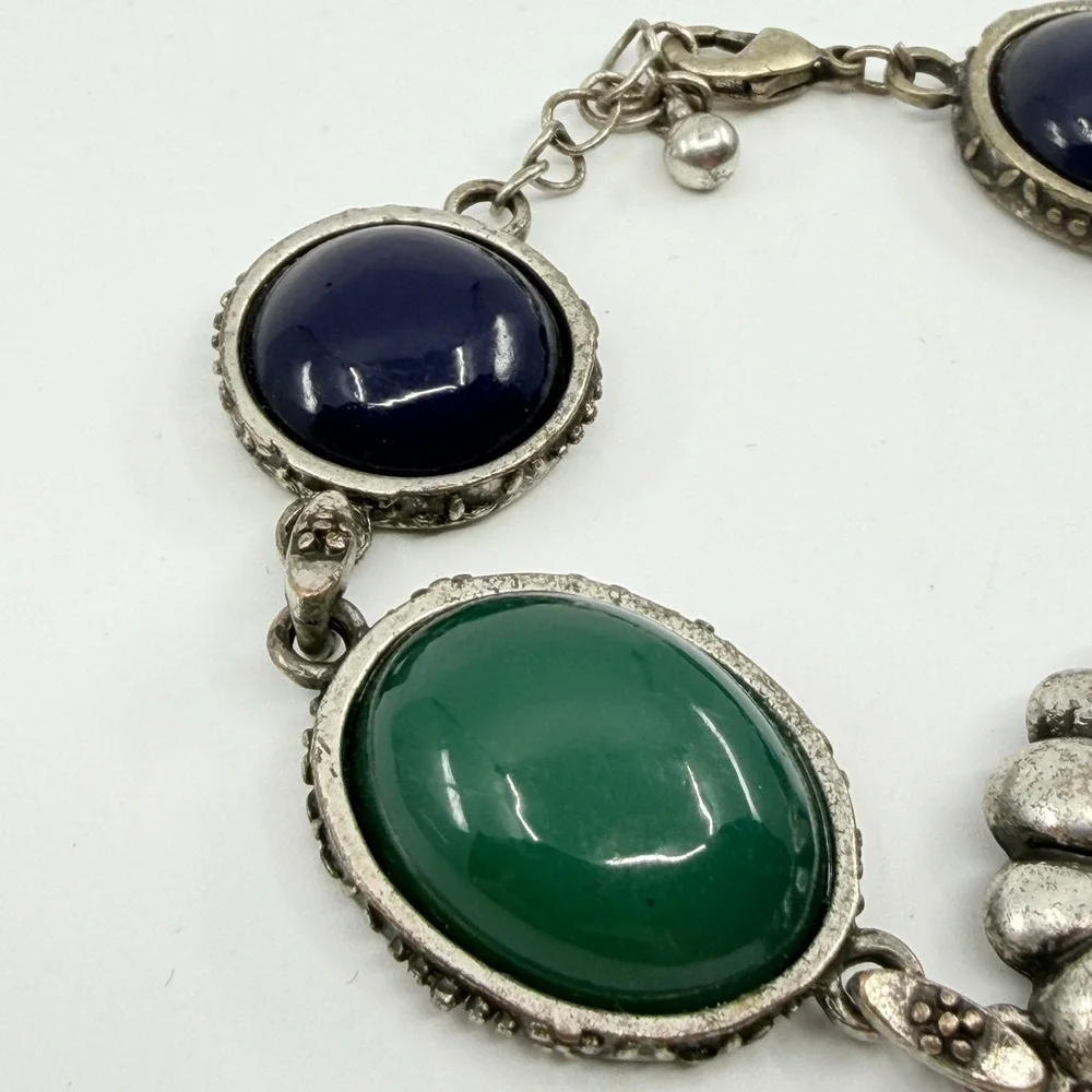 Vintage Boho Flower Bracelet Green Navy Cabochon Silver Tone